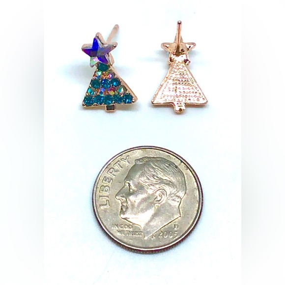 AB Rainbow and Teal Crystal Christmas Tree Rose Gold Tone Studs Stud Earrings - Picture 4 of 4